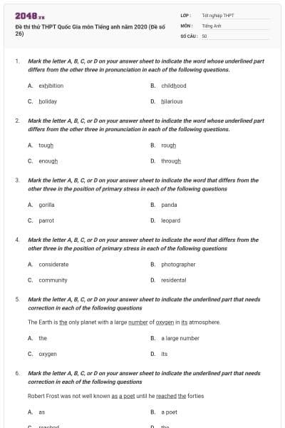 Đề thi thử THPT Quốc Gia môn Tiếng anh năm 2020 (Đề số 26)