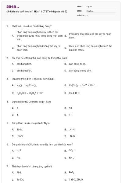 Đề kiểm tra cuối học kì 1 Hóa 11 CTST có đáp án (Đề 3)