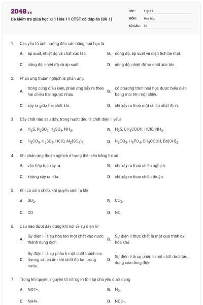 Đề kiểm tra giữa học kì 1 Hóa 11 CTST có đáp án (Đề 1)