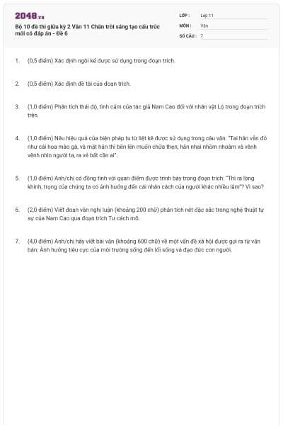 Bộ 10 đề thi giữa kỳ 2 Văn 11 Chân trời sáng tạo cấu trúc mới có đáp án - Đề 6