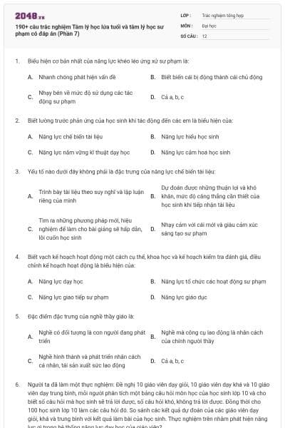 190+ câu trắc nghiệm Tâm lý học lứa tuổi và tâm lý học sư phạm có đáp án (Phần 7)
