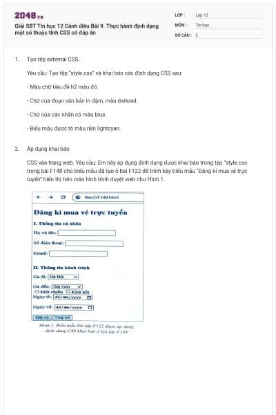 Giải SBT Tin học 12 Cánh diều Bài 9. Thực hành định dạng một số thuộc tính CSS có đáp án