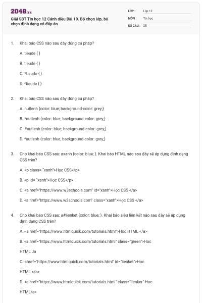 Giải SBT Tin học 12 Cánh diều Bài 10. Bộ chọn lớp, bộ chọn định dạng có đáp án