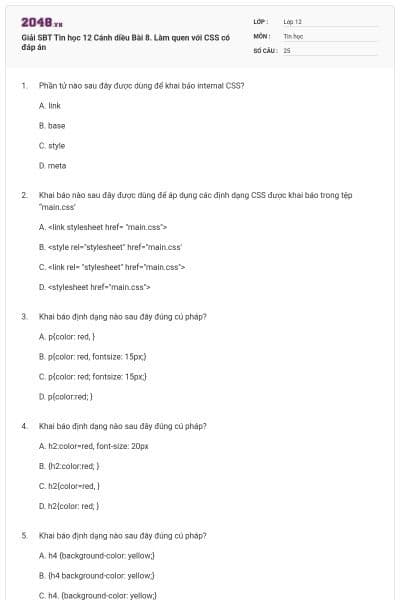 Giải SBT Tin học 12 Cánh diều Bài 8. Làm quen với CSS có đáp án