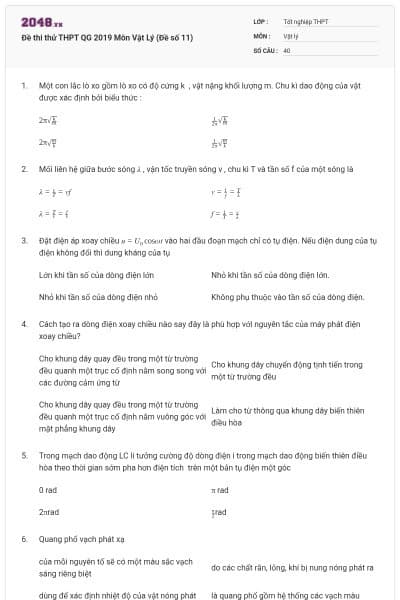 Đề thi thử THPT QG 2019 Môn Vật Lý (Đề số 11)