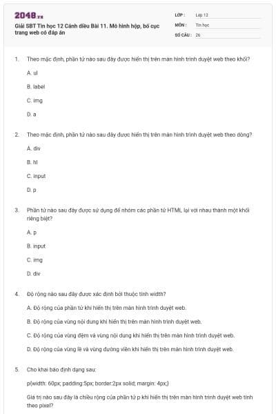 Giải SBT Tin học 12 Cánh diều Bài 11. Mô hình hộp, bố cục trang web có đáp án