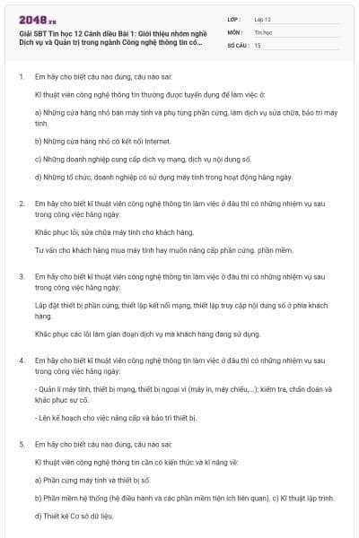 Giải SBT Tin học 12 Cánh diều Bài 1: Giới thiệu nhóm nghề Dịch vụ và Quản trị trong ngành Công nghệ thông tin có đáp án