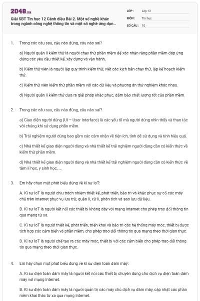 Giải SBT Tin học 12 Cánh diều Bài 2. Một số nghề khác trong ngành công nghệ thông tin và một số nghề ứng dụng công nghệ thông tin có đáp án