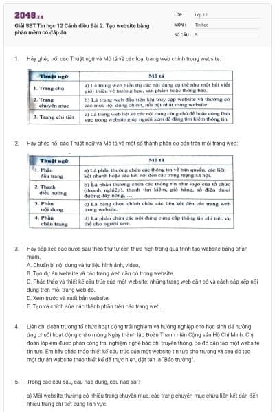 Giải SBT Tin học 12 Cánh diều Bài 2. Tạo website bằng phần mềm có đáp án