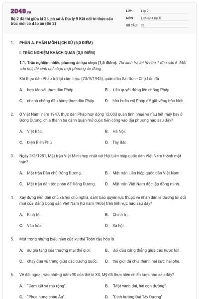 Bộ 2 đề thi giữa kì 2 Lịch sử & Địa lý 9 Kết nối tri thức cấu trúc mới có đáp án (Đề 2)