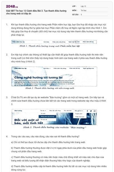 Giải SBT Tin học 12 Cánh diều Bài 3. Tạo thanh điều hướng cho trang web có đáp án