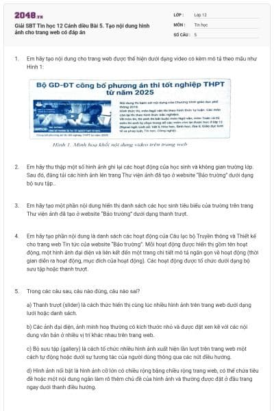 Giải SBT Tin học 12 Cánh diều Bài 5. Tạo nội dung hình ảnh cho trang web có đáp án