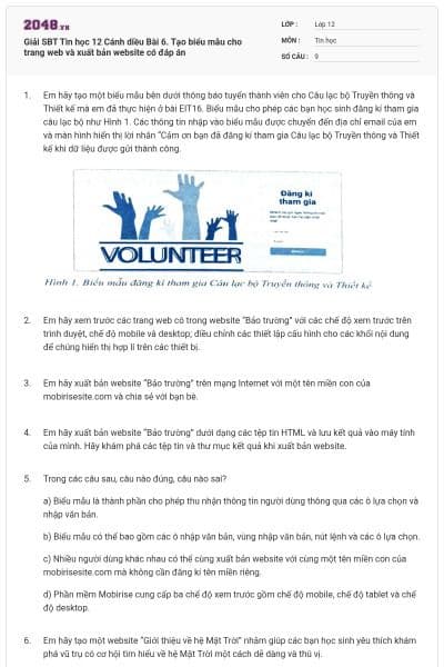Giải SBT Tin học 12 Cánh diều Bài 6. Tạo biểu mẫu cho trang web và xuất bản website có đáp án