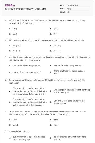Đề thi thử THPT QG 2019 Môn Vật Lý (Đề số 11)