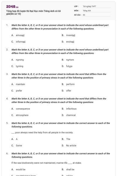 Tổng hợp đề luyện thi Đại Học môn Tiếng Anh có lời giải(Đề số 10)
