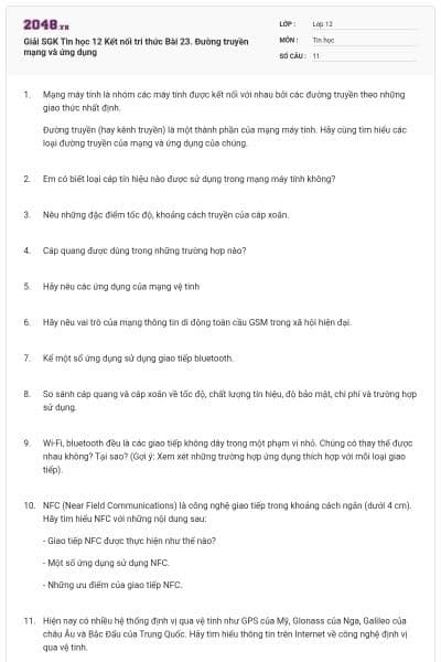 Giải SGK Tin học 12 Kết nối tri thức Bài 23. Đường truyền mạng và ứng dụng