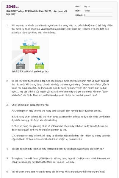 Giải SGK Tin học 12 Kết nối tri thức Bài 25. Làm quen với học máy