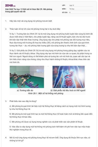 Giải SGK Tin học 12 Kết nối tri thức Bài 29. Mô phỏng trong giải quyết vấn đề