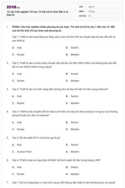 15 câu Trắc nghiệm Tin học 12 Kết nối tri thức Bài 3 có đáp án