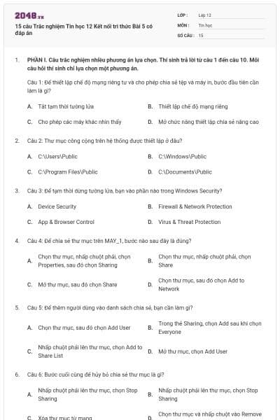 15 câu Trắc nghiệm Tin học 12 Kết nối tri thức Bài 5 có đáp án