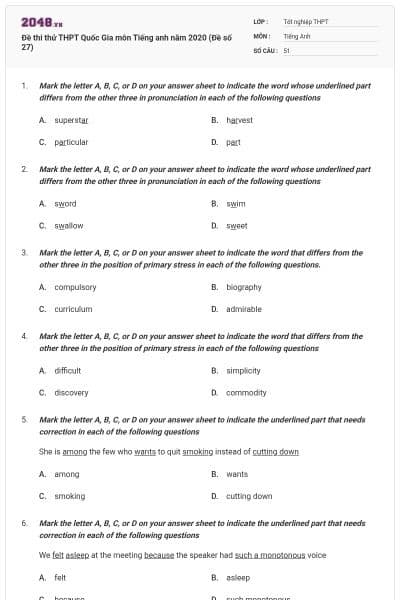 Đề thi thử THPT Quốc Gia môn Tiếng anh năm 2020 (Đề số 27)