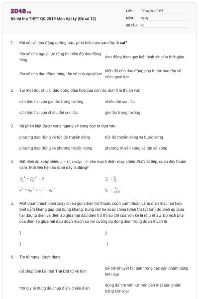 Đề thi thử THPT QG 2019 Môn Vật Lý (Đề số 12)