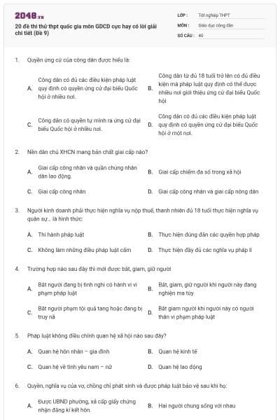 20 đề thi thử thpt quốc gia môn GDCD cực hay có lời giải chi tiết (Đề 9)