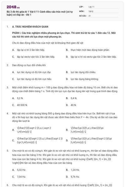 Bộ 3 đề thi giữa kì 1 Vật lí 11 Cánh diều cấu trúc mới (có tự luận) có đáp án - Đề 1