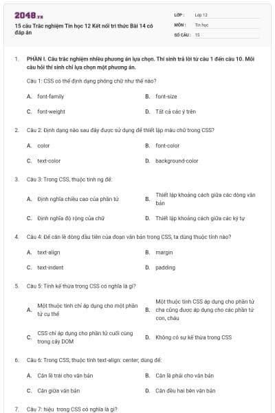 15 câu Trắc nghiệm Tin học 12 Kết nối tri thức Bài 14 có đáp án