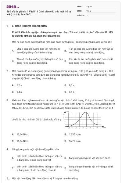 Bộ 3 đề thi giữa kì 1 Vật lí 11 Cánh diều cấu trúc mới (có tự luận) có đáp án - Đề 2