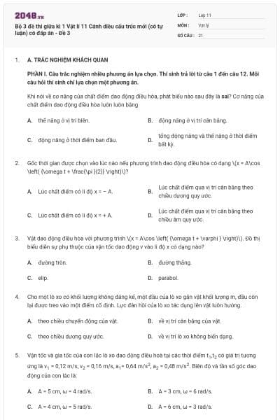 Bộ 3 đề thi giữa kì 1 Vật lí 11 Cánh diều cấu trúc mới (có tự luận) có đáp án - Đề 3