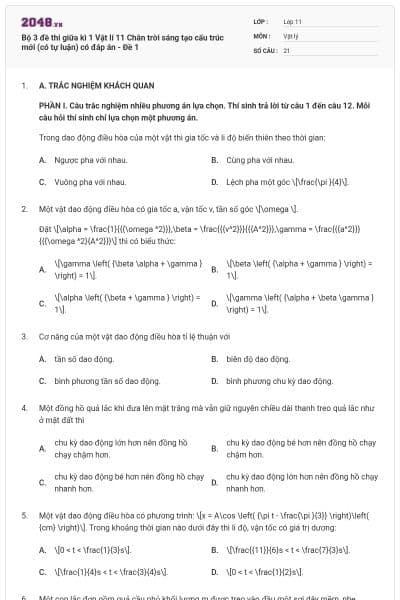 Bộ 3 đề thi giữa kì 1 Vật lí 11 Chân trời sáng tạo  cấu trúc mới (có tự luận) có đáp án - Đề 1