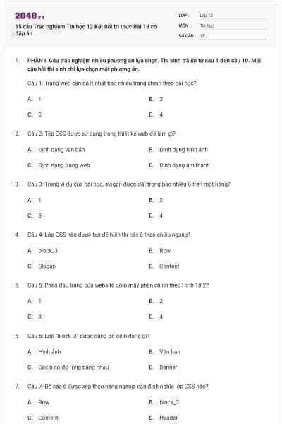 15 câu Trắc nghiệm Tin học 12 Kết nối tri thức Bài 18 có đáp án