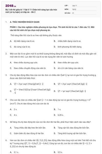 Bộ 3 đề thi giữa kì 1 Vật lí 11 Chân trời sáng tạo  cấu trúc mới (có tự luận) có đáp án - Đề 2
