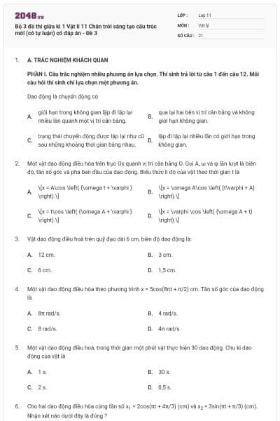 Bộ 3 đề thi giữa kì 1 Vật lí 11 Chân trời sáng tạo  cấu trúc mới (có tự luận) có đáp án - Đề 3