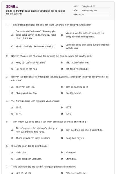 20 đề thi thử thpt quốc gia môn GDCD cực hay có lời giải chi tiết (Đề 10)