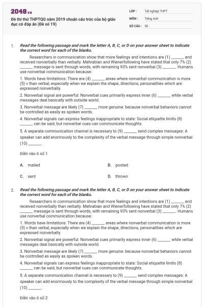 Đề thi thử THPTQG năm 2019 chuẩn cấu trúc của bộ giáo dục có đáp án (Đề số 19)