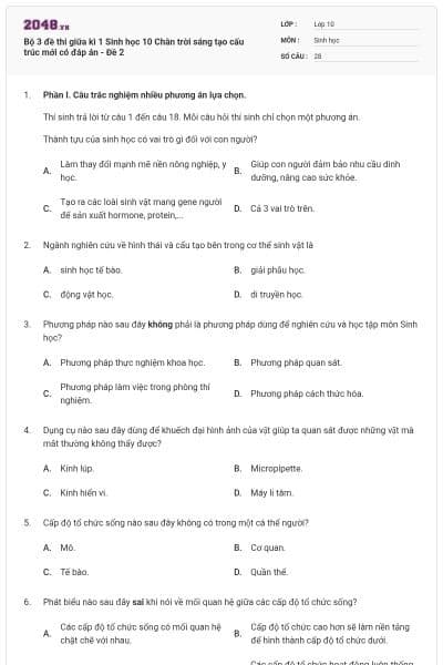 Bộ 3 đề thi giữa kì 1 Sinh học 10 Chân trời sáng tạo cấu trúc mới có đáp án - Đề 2