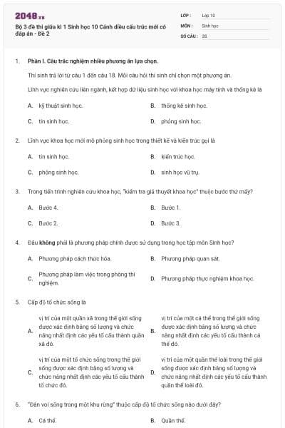 Bộ 3 đề thi giữa kì 1 Sinh học 10 Cánh diều cấu trúc mới có đáp án - Đề 2