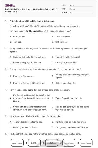 Bộ 3 đề thi giữa kì 1 Sinh học 10 Cánh diều cấu trúc mới có đáp án - Đề 3