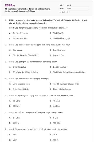 15 câu Trắc nghiệm Tin học 12 Kết nối tri thức Đường truyền mạng và ứng dụng có đáp án