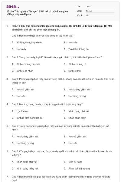 15 câu Trắc nghiệm Tin học 12 Kết nối tri thức Làm quen với học máy có đáp án