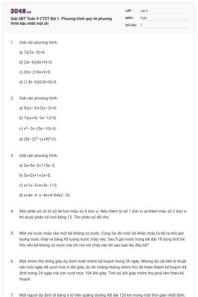 Giải SBT Toán 9 CTST Bài 1. Phương trình quy về phương trình bậc nhất một ẩn