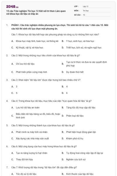 15 câu Trắc nghiệm Tin học 12 Kết nối tri thức Làm quen với khoa học dữ liệu có đáp án