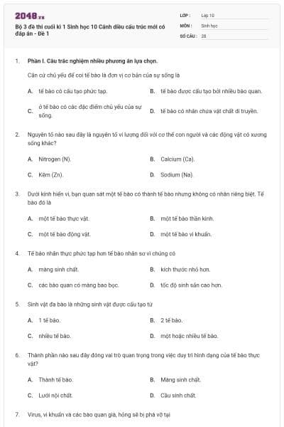 Bộ 3 đề thi cuối kì 1 Sinh học 10 Cánh diều cấu trúc mới có đáp án - Đề 1