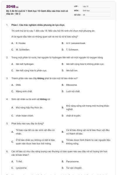 Bộ 3 đề thi cuối kì 1 Sinh học 10 Cánh diều cấu trúc mới có đáp án - Đề 2