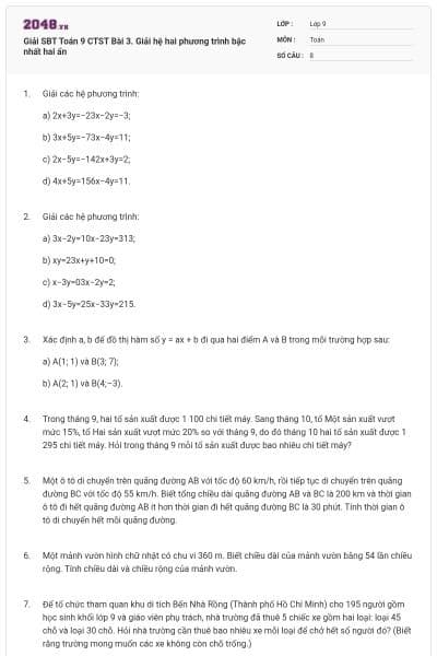 Giải SBT Toán 9 CTST Bài 3. Giải hệ hai phương trình bậc nhất hai ẩn