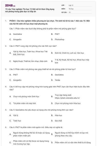 15 câu Trắc nghiệm Tin học 12 Kết nối tri thức Ứng dụng mô phỏng trong giáo dục có đáp án
