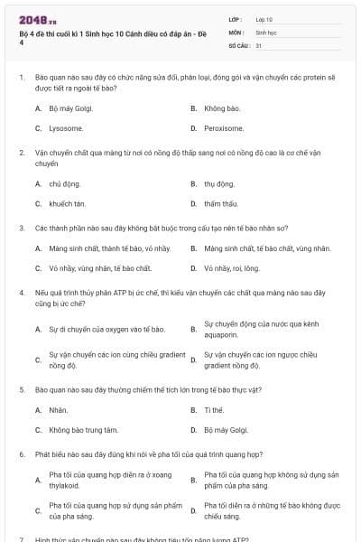 Bộ 4 đề thi cuối kì 1 Sinh học 10 Cánh diều có đáp án - Đề 4