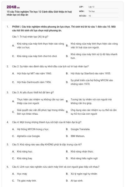 15 câu Trắc nghiệm Tin học 12 Cánh diều Giới thiệu trí tuệ nhân tạo có đáp án